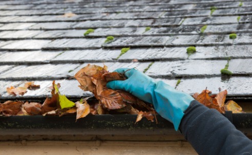 clearing-autumn-gutter-blocked-with-leaves-by-hand-picture-id158947442