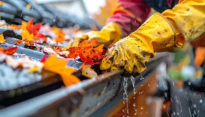 Peoria IL Gutter Services 1 A man cleans out gutters as part of Peoria IL gutter services from Peoria Gutter Masters