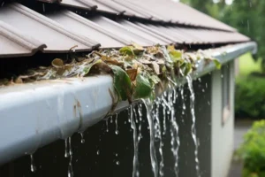 A clogged gutter needs help from Peoria Gutter Masters, which offers Bloomington-Normal IL gutter services